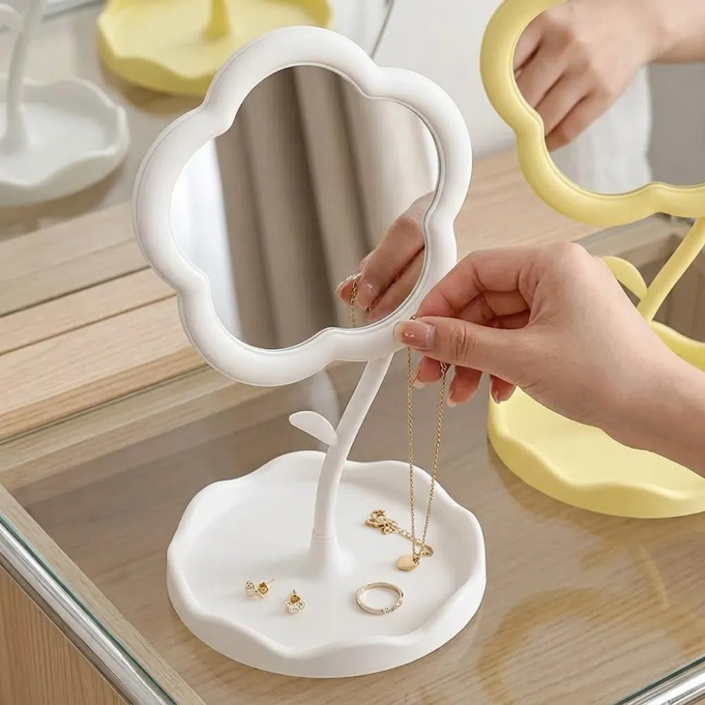 Flower Shaped Makeup Mirror with Tray | Tabletop Vanity Organizer