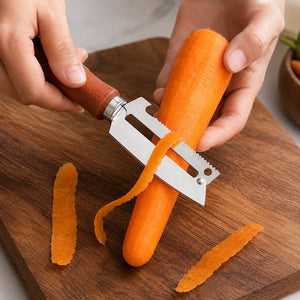 4-in-1 Stainless Steel Vegetable Peeler with Wooden Handle | Fruit & Vegetable Peeler, Julienne Cutter, Fish Scaler & Bottle Opener