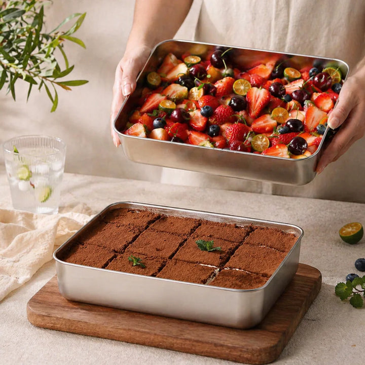 Stainless Steel Square Plate with Lid | Heavy-Duty Food-Grade Baking & Storage Tray, Thickened Metal Dish with Leak-Proof Clear Lid for Oven & Kitchen Use