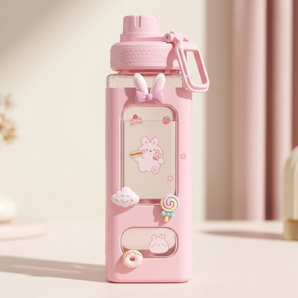 Kawaii Cute Plastic Water Bottle with Straw & Stickers | Leakproof Large Capacity Square Drinking Bottle