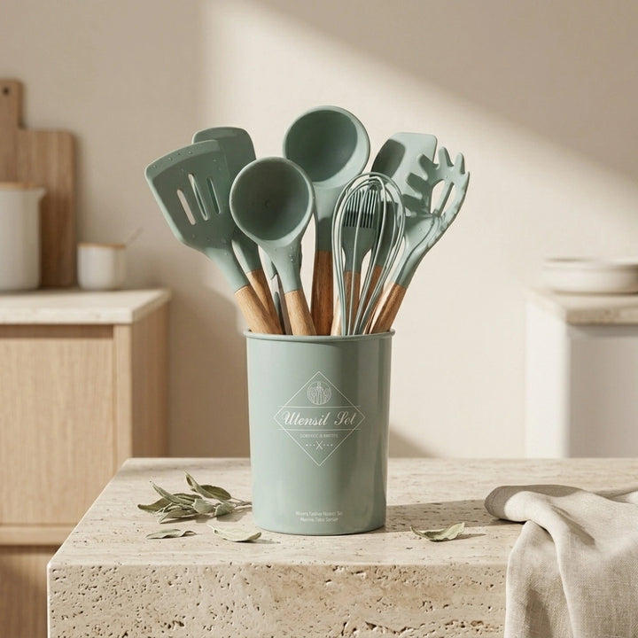 12-Piece Silicone Kitchen Utensil Set with Wooden Handles & Holder | Heat Resistant Non-Stick Cooking and Baking Tools