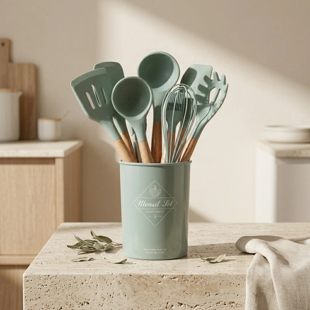 12-Piece Silicone Kitchen Utensil Set with Wooden Handles & Holder | Heat Resistant Non-Stick Cooking and Baking Tools