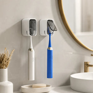 Wall Mounted Toothbrush Holder with Dustproof Cover | Self-Adhesive Bathroom Toothbrush Organizer with Clear Window & Quick-Dry Design