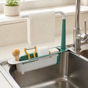 Adjustable Sink Rack Holder & Drain Basket | Extendable Sponge, Soap & Towel Organizer | Kitchen Sink Storage Basket