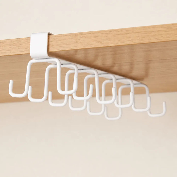 Double Row Under Cabinet Cup Holder Rack with 12 Hooks | Metal Mug & Coffee Cup Hanging Organizer | Kitchen Towel Holder