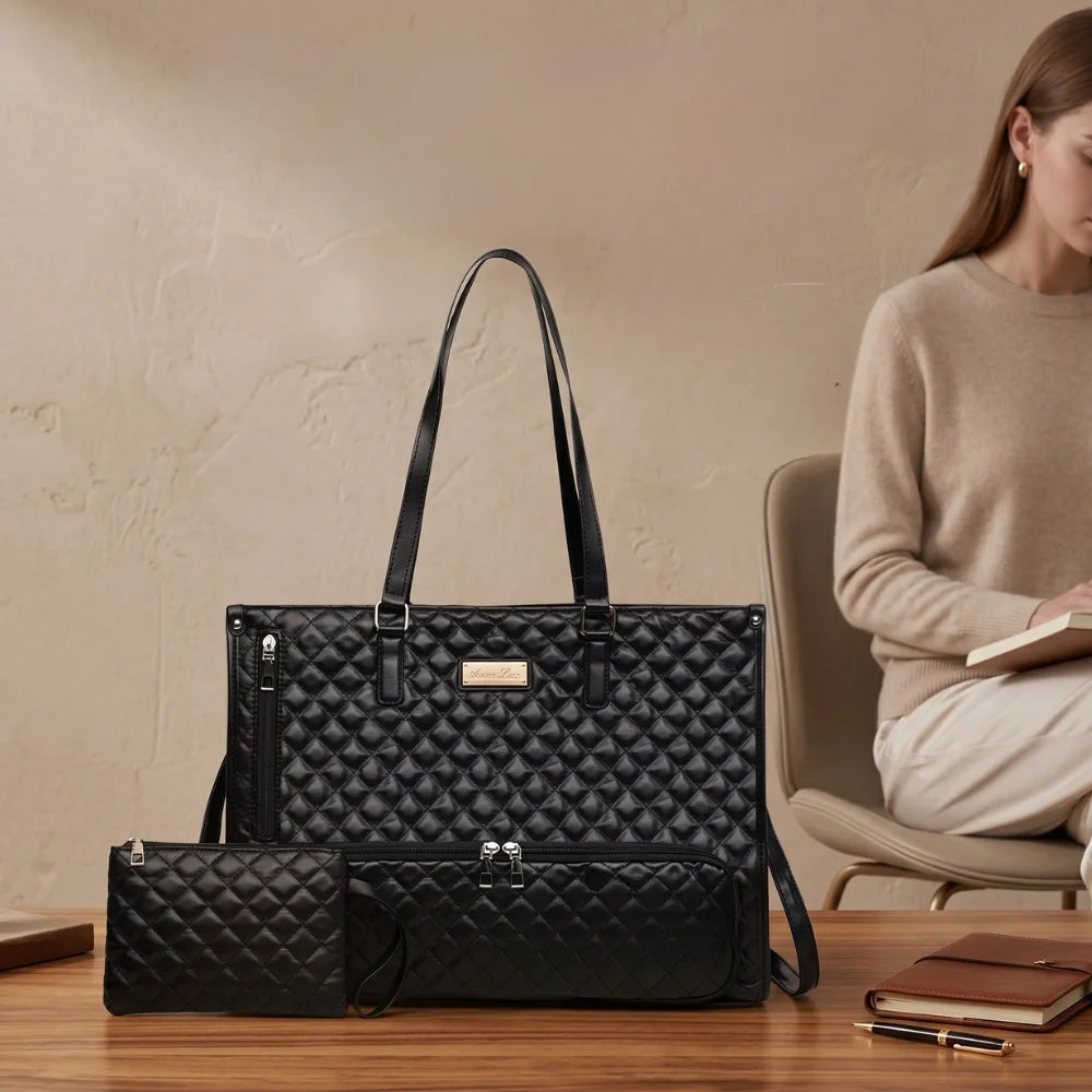 Elegant Laptop Tote Bag with Insulated Lunch Compartment | Stylish Quilted Work Shoulder Bag for Women, Office & Travel