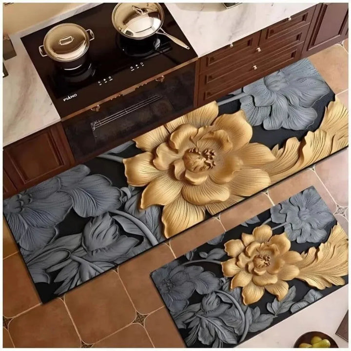 2-Piece 3D Black & Gold Floral Kitchen Mat Set – Luxury Non-Slip Anti-Fatigue Washable Runner Rugs for Kitchen & Hallway