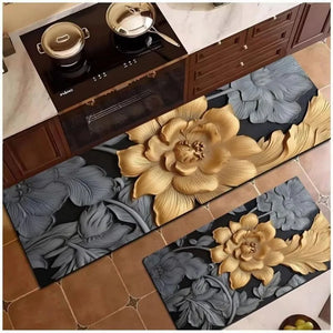 2-Piece 3D Black & Gold Floral Kitchen Mat Set – Luxury Non-Slip Anti-Fatigue Washable Runner Rugs for Kitchen & Hallway