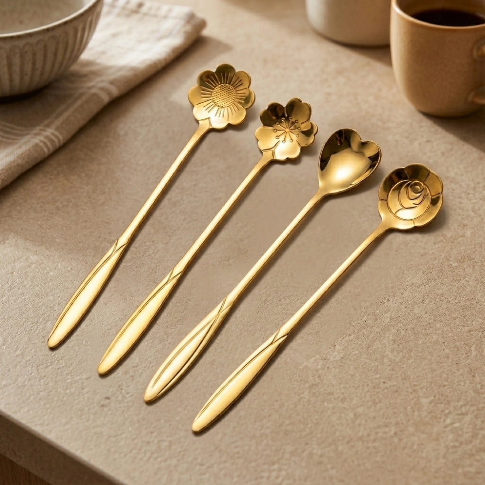 4-Piece Flower Coffee Spoon Set | Stainless Steel Dessert, Tea & Ice Cream Spoons, Elegant Floral Tableware