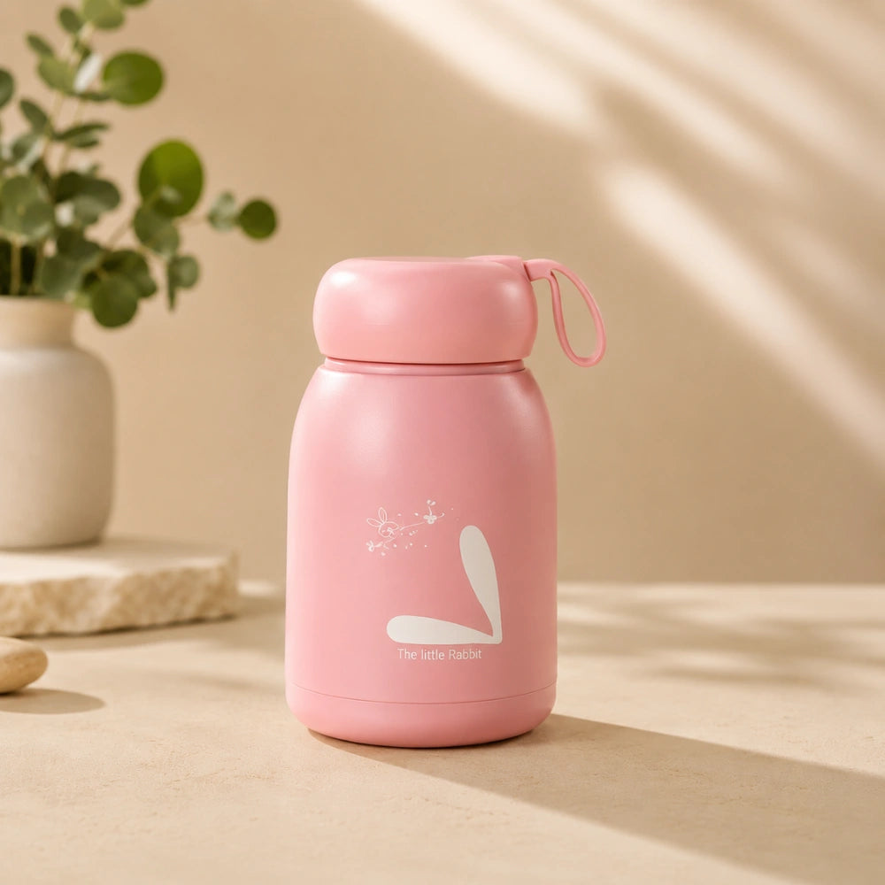 330ml Cute Bunny Water Bottle for Kids | Insulated Stainless Steel Sipper Bottle with Rabbit Print, Leakproof Vacuum Flask for School, Travel & Daily Use