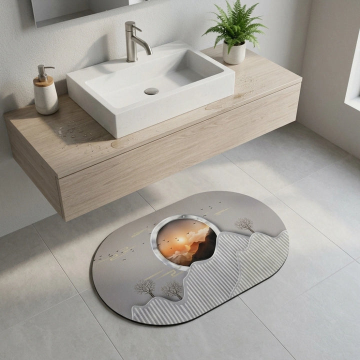 Abstract Sunset Mountain Oval Bath Mat | Soft Quick Dry Anti-Slip Absorbent Floor Rug for Bathroom Entrance & Bedroom