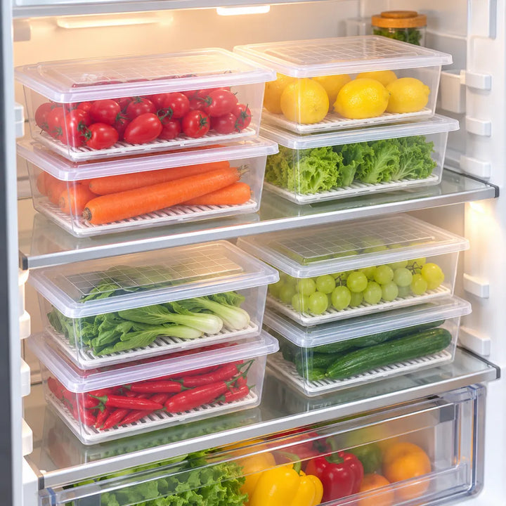 Fridge Storage Containers Set | Stackable Freezer Organizer Boxes with Drain Tray & Airtight Lids, Heavy-Duty Food Storage for Meat, Fruits & Vegetables
