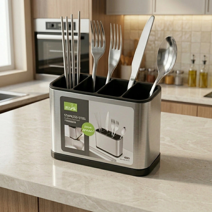 Stainless Steel Cutlery Holder with 4 Compartments | Kitchen Utensil Organizer Caddy for Spoons, Forks, Knives & Cooking Tools | Countertop Storage Drainer  Handle
