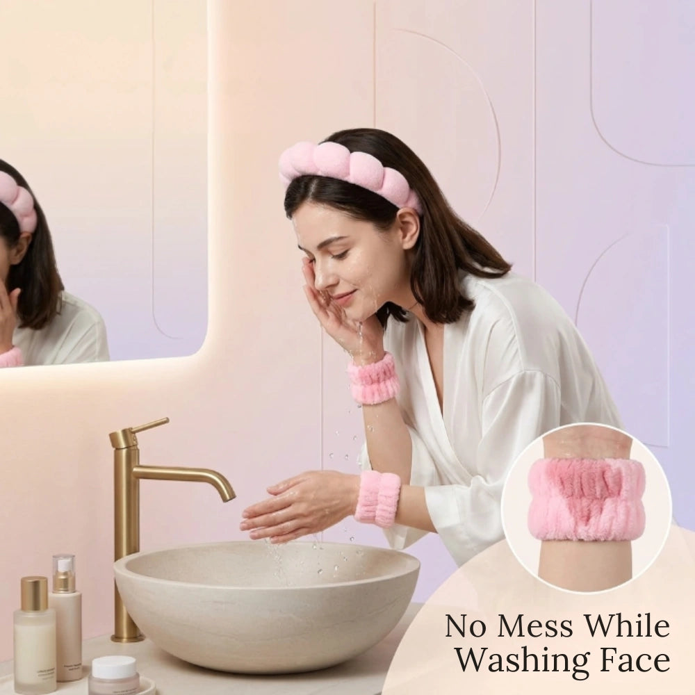Spa Headband & Wristband Set for Face Washing | Soft Cloud Makeup Headband with Absorbent Wrist Wash Bands for Skincare, Spa, Makeup & Beauty Routine