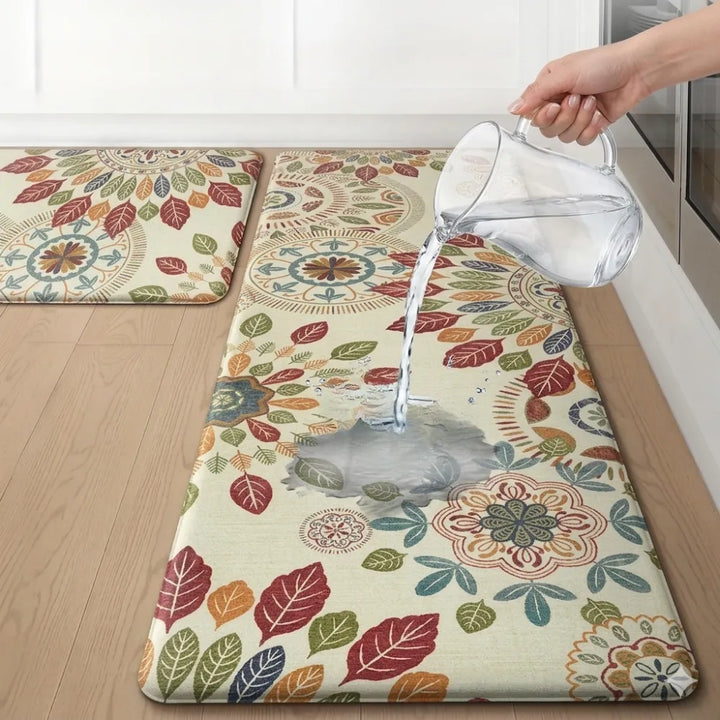 2-Piece Boho Floral Leaf Kitchen Mat Set | Non-Slip Cushioned Anti-Fatigue Runner Rugs for Kitchen, Bedroom & Home