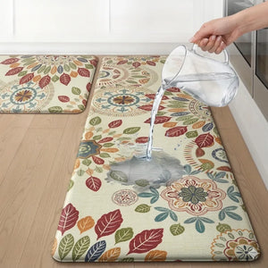 2-Piece Boho Floral Leaf Kitchen Mat Set | Non-Slip Cushioned Anti-Fatigue Runner Rugs for Kitchen, Bedroom & Home