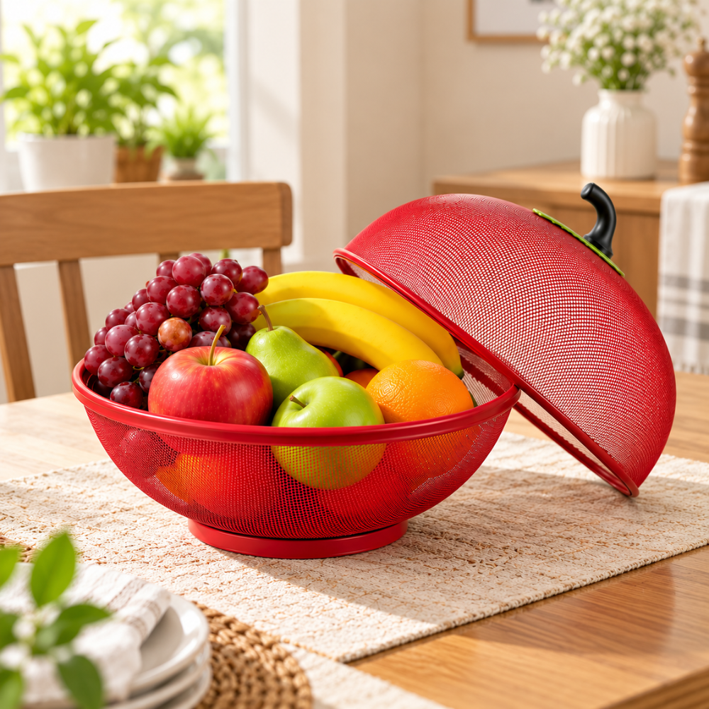 Apple Shape Fruit Basket with Lid Net Cover | Large Stainless Steel Food Storage Basket for Fruits & Vegetables, Protective Mesh Cover for Kitchen & Dining