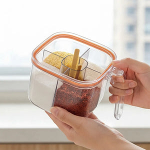 4-Compartment Clear Seasoning Box with Lid & 4 Serving Spoons | Spice & Condiment Storage Container for Kitchen