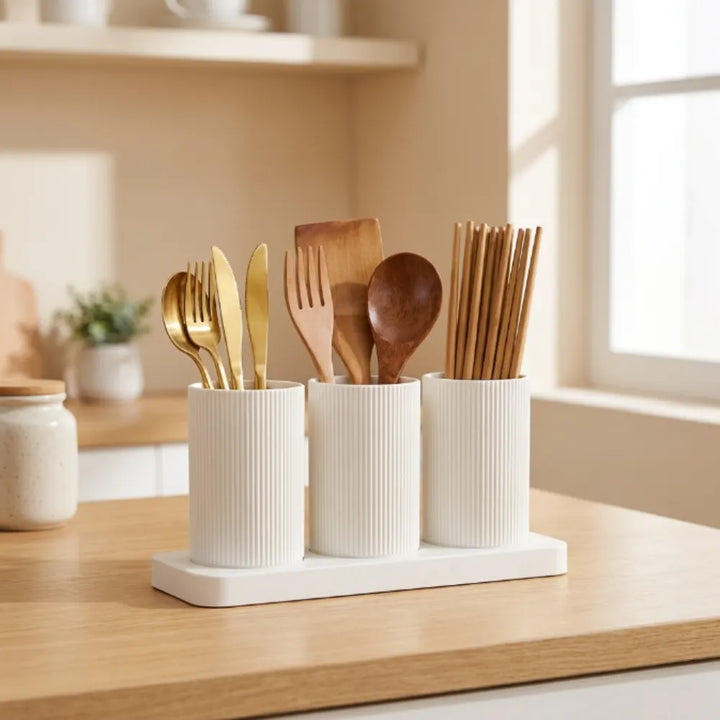 3-Grid ABS Self-Draining Cutlery Holder Stand | Spoon, Fork, Knife & Chopstick Organizer | Kitchen Tableware Storage Box