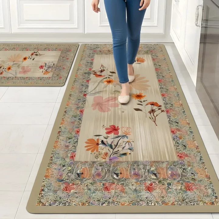 2-Piece Floral Kitchen Mat Set | Decorative Non-Slip Cushioned Anti-Fatigue Rugs for Kitchen, Sink & Office Floor