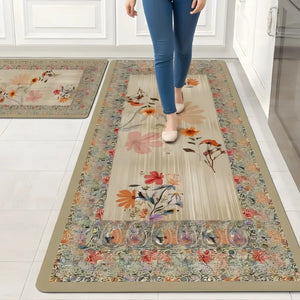 2-Piece Floral Kitchen Mat Set | Decorative Non-Slip Cushioned Anti-Fatigue Rugs for Kitchen, Sink & Office Floor