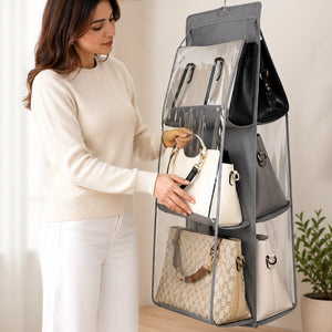 Hanging Handbag Organizer for Closet With 6 Large Compartments & Hanger