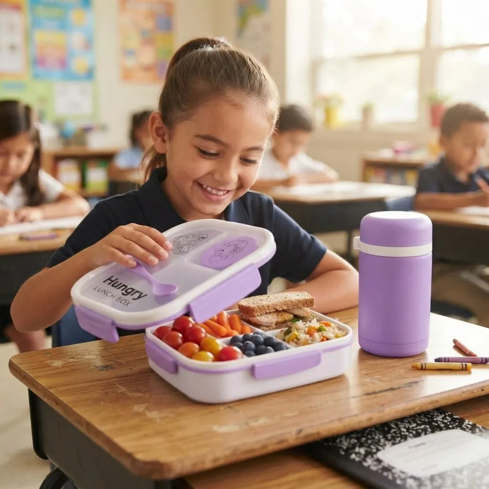 Lunch Box Set with Water Bottle & Spoon | 3 Compartment Leak-Resistant Lunch Box for Kids & Adults | BPA-Free Portable Tiffin Box