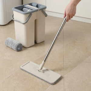 Flat Mop & Bucket Set with Self-Wringing System | 360° Flexible Microfiber Floor Mop | 2 Reusable Pads for Home, Kitchen & Office Cleaning