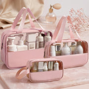 Transparent Makeup & Toiletry Organizer Bag Set | Waterproof Travel Cosmetic Storage Pouches with Handle (Pink)