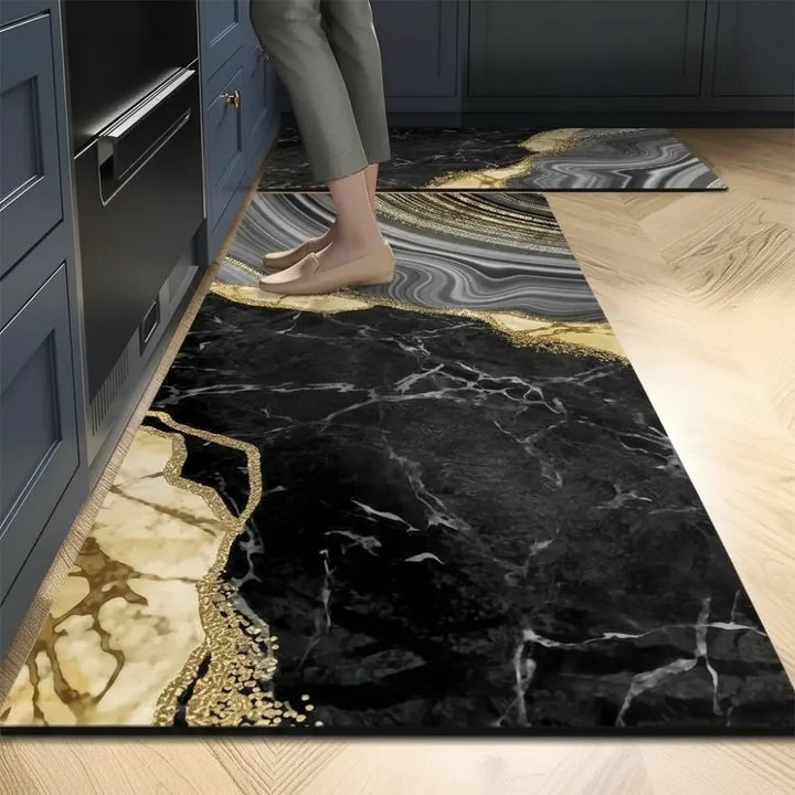 2-Piece Luxury Black & Gold Marble Kitchen Mat Set – Non-Slip Anti-Fatigue Washable Runner Rugs for Kitchen & Hallway