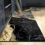 2-Piece Luxury Black & Gold Marble Kitchen Mat Set – Non-Slip Anti-Fatigue Washable Runner Rugs for Kitchen & Hallway