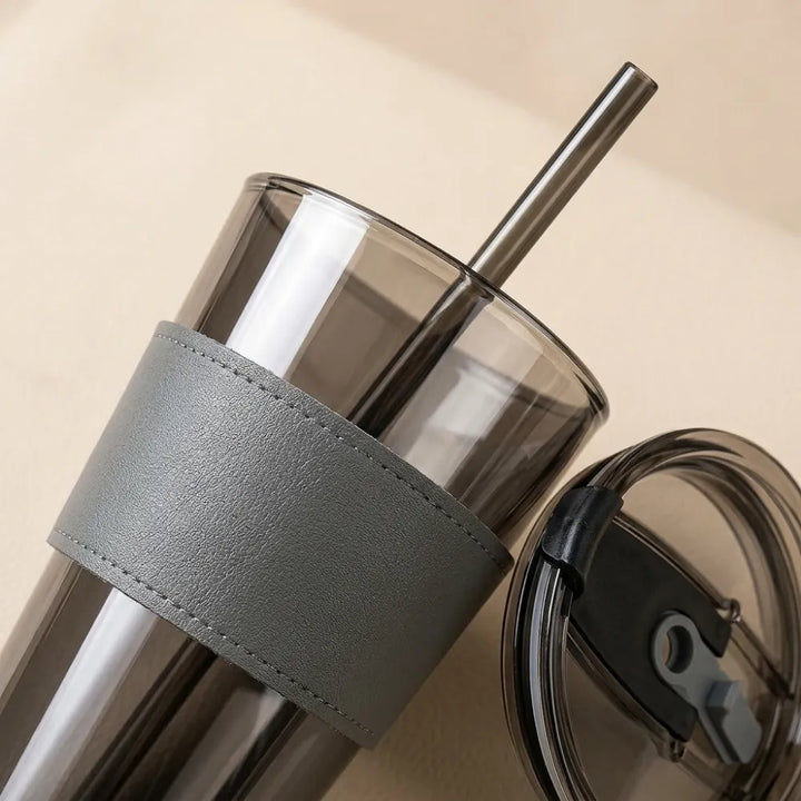 Glass Coffee Sipper Mug with Leather Grip | Reusable Clear Tumbler with Lid & Straw | Iced Coffee, Tea, Smoothie & Juice Cup