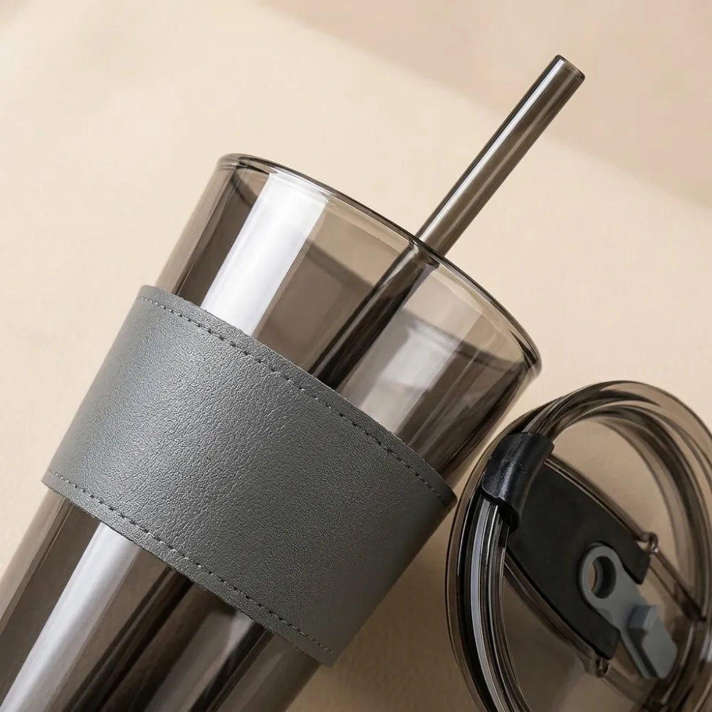 Glass Coffee Sipper Mug with Leather Grip | Reusable Clear Tumbler with Lid & Straw | Iced Coffee, Tea, Smoothie & Juice Cup