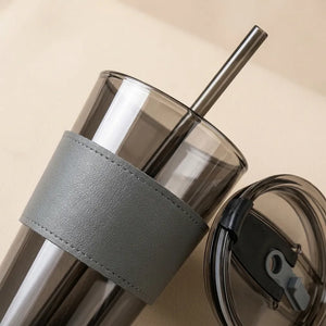Glass Coffee Sipper Mug with Leather Grip | Reusable Clear Tumbler with Lid & Straw | Iced Coffee, Tea, Smoothie & Juice Cup