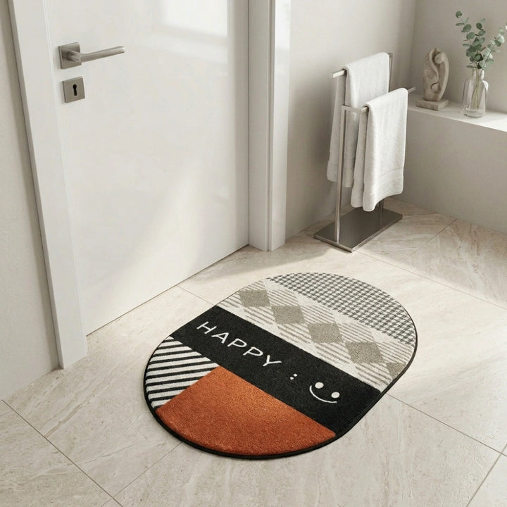 Modern Happy Print Anti-Slip Bathroom Mat | Soft Absorbent Quick Dry Bath Rug | Stylish Washroom Floor Carpet
