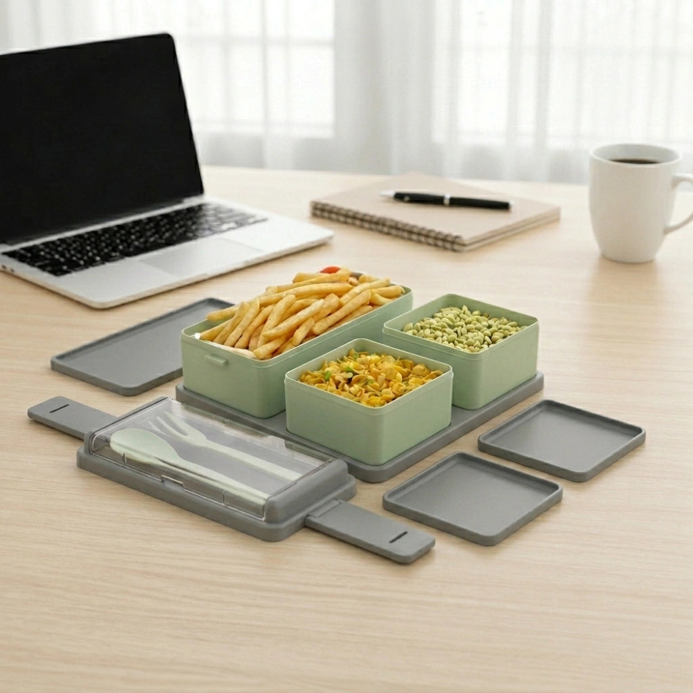Double Layer Lunch Box with 3 Compartments, Spoon & Fork | BPA-Free Leakproof Bento Box