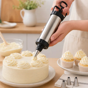 Stainless Steel Icing Gun Cake Decorating Kit | Pastry Syringe with Nozzles & Reusable Piping Bags for Cakes & Cupcakes