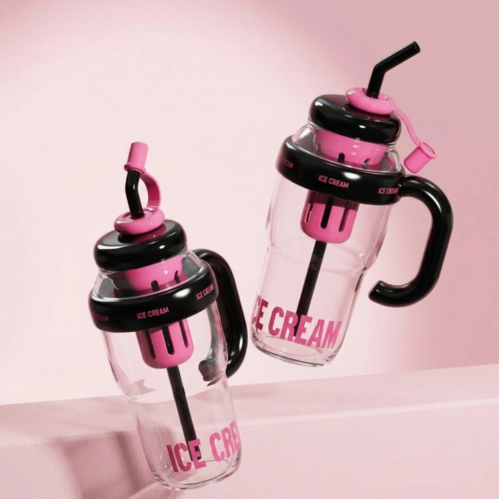 1300ml Ice Cream Theme Tumbler with Straw & Fruit Infuser | Leakproof Sports Water Bottle with Handle, Large Capacity Detox Sipper Cup for Gym, Travel & Daily Hydration
