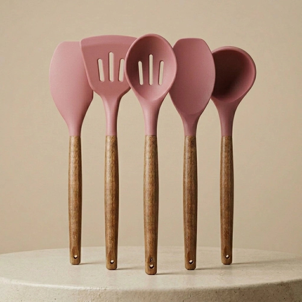 5-Piece Silicone Kitchen Utensil Set with Wooden Handles | Non-Stick Cooking Spatulas, Turner, Serving Spoon & Soup Ladle, Heat Resistant Kitchen Tools