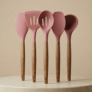 5-Piece Silicone Kitchen Utensil Set with Wooden Handles | Non-Stick Cooking Spatulas, Turner, Serving Spoon & Soup Ladle, Heat Resistant Kitchen Tools