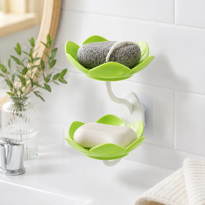 Wall Mounted Double Layer Lotus Flower Soap Holder | Self-Adhesive Drain Soap Box & Sponge Organizer for Bathroom & Kitchen