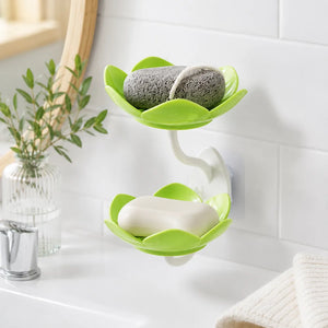Wall Mounted Double Layer Lotus Flower Soap Holder | Self-Adhesive Drain Soap Box & Sponge Organizer for Bathroom & Kitchen