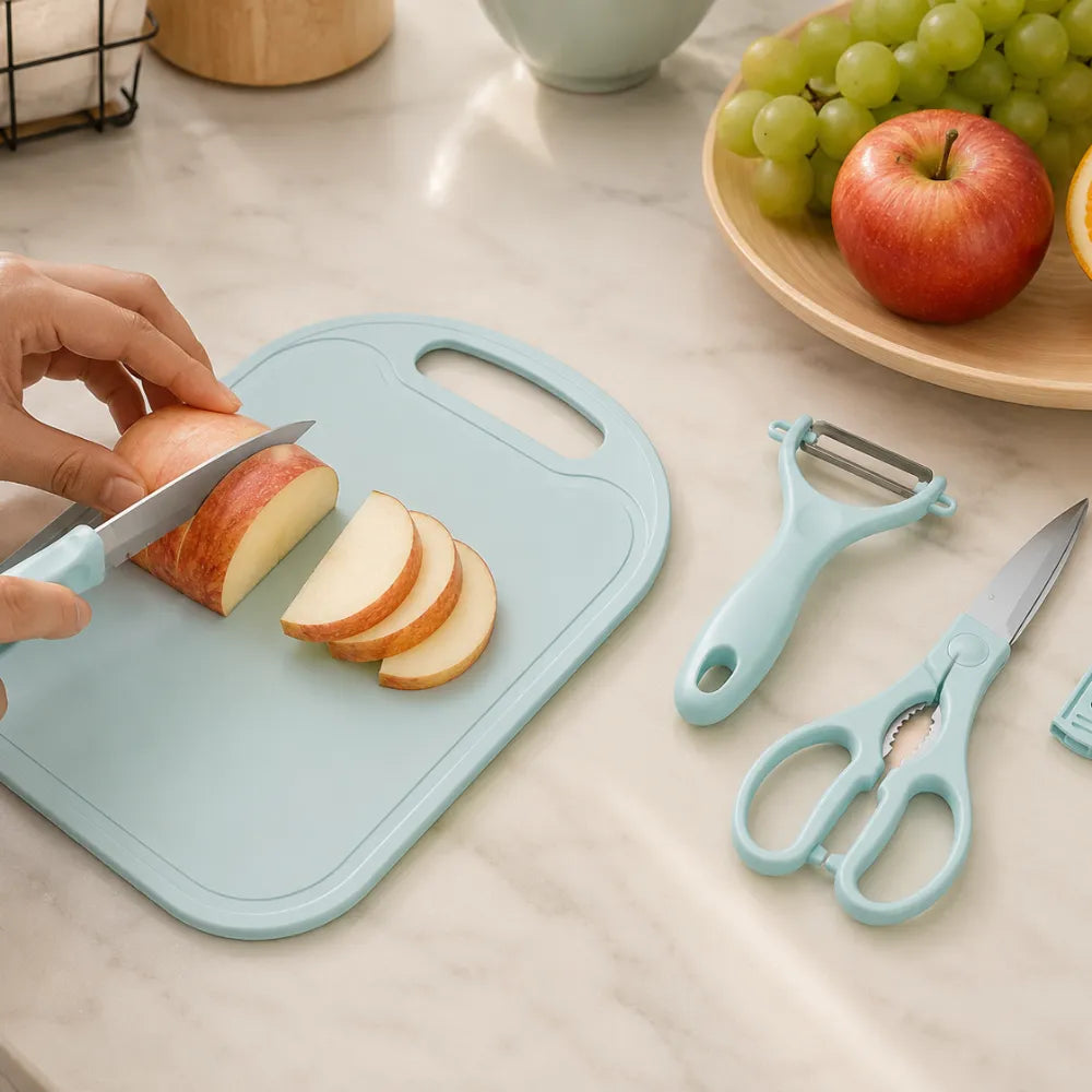 4-Piece Mini Travel Kitchen Set | Cutting Board, Fruit Knife, Peeler & Scissors | Portable Camping Kitchen Tool Kit