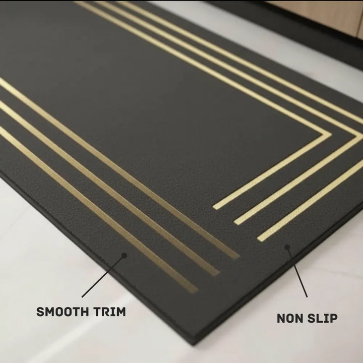 2-Piece Black & Gold Line Kitchen Mat Set | Elegant Non-Slip Oil-Proof Absorbent Anti-Fatigue Runner Rugs for Kitchen & Floor