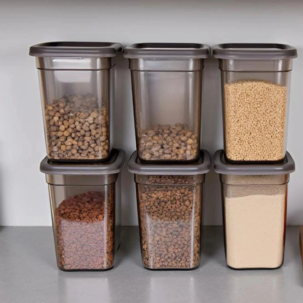 Airtight Kitchen Storage Containers | 1200ml Stackable Transparent Plastic Jars for Rice, Dal, Pulses & Dry Fruits with Grey Lid