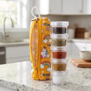 5PCS Portable Spice Jar Set | 5-in-1 Stackable Seasoning Bottles with Holder | Travel, Picnic, Camping & Kitchen Spice Organizer