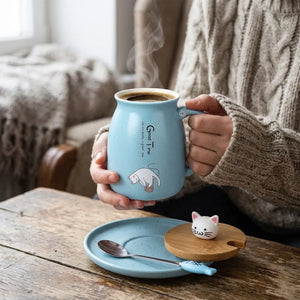 400ml Cute Cat Ceramic Coffee Mug with Wooden Lid & Stainless Steel Spoon | Kawaii Kitty Tea Cup for Home & Office