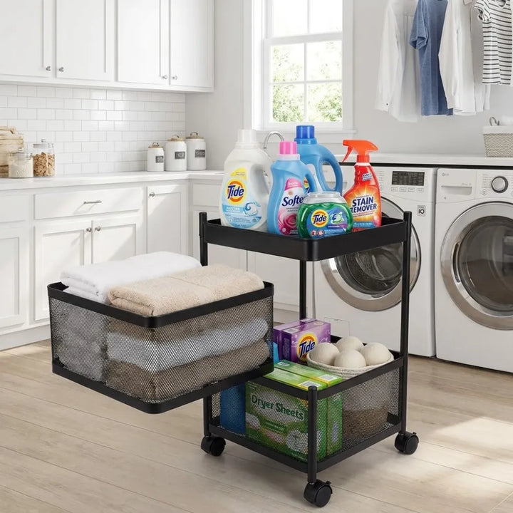 2-Layer Square Multipurpose Storage Trolley with Wheels | Rotating Organizer for Home & Office