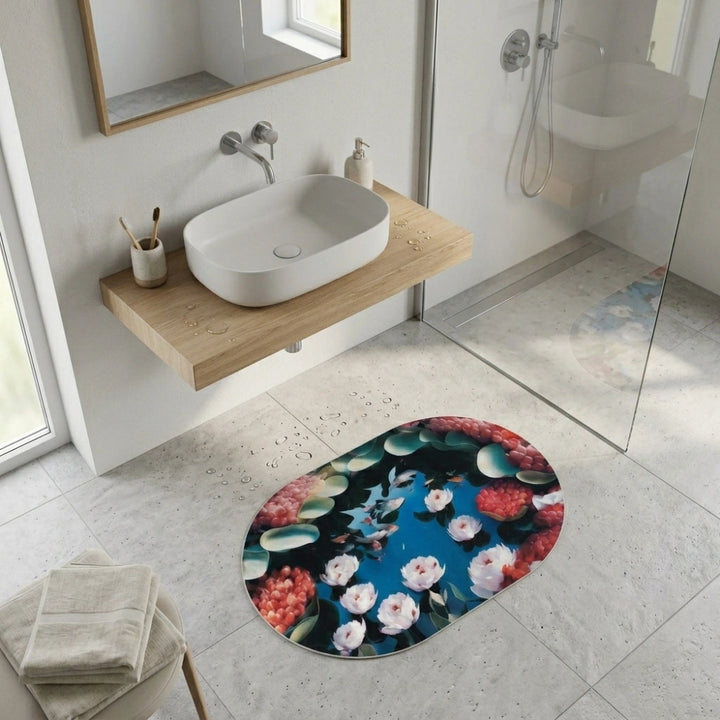 Floral Oval Anti-Slip Bathroom Mat | Soft Absorbent Quick Dry Bath Rug | Decorative Washroom Floor Carpet
