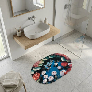 Floral Oval Anti-Slip Bathroom Mat | Soft Absorbent Quick Dry Bath Rug | Decorative Washroom Floor Carpet